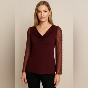Burgundy Blouse Draped Neckline Sheer Beaded Sleeve Cocktail Party Medium